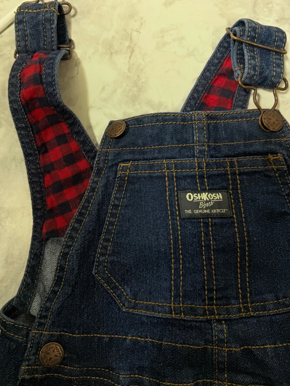 Classic Denim Overalls Dark Blue with red/black buffalo check - Osh Kosh
